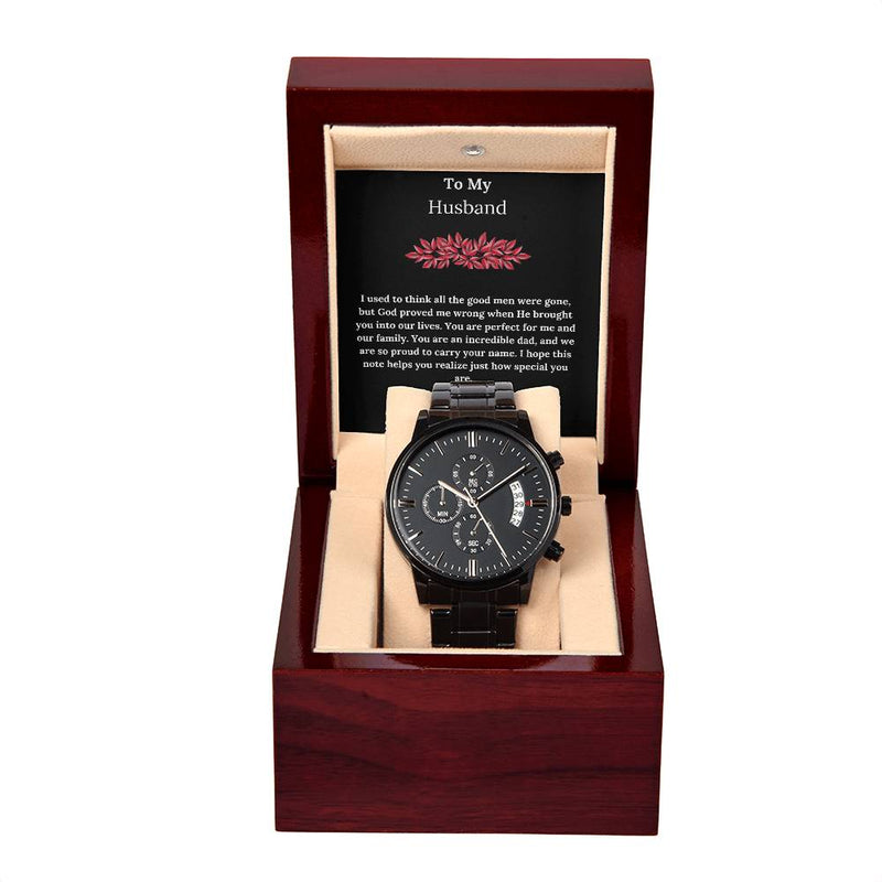 To My Husband - Black Chronograph Watch with Mahogany-style Luxury Jewelry Box - Perfect Gift for Father's Day, Birthday, Anniversary or Any Special Occasion